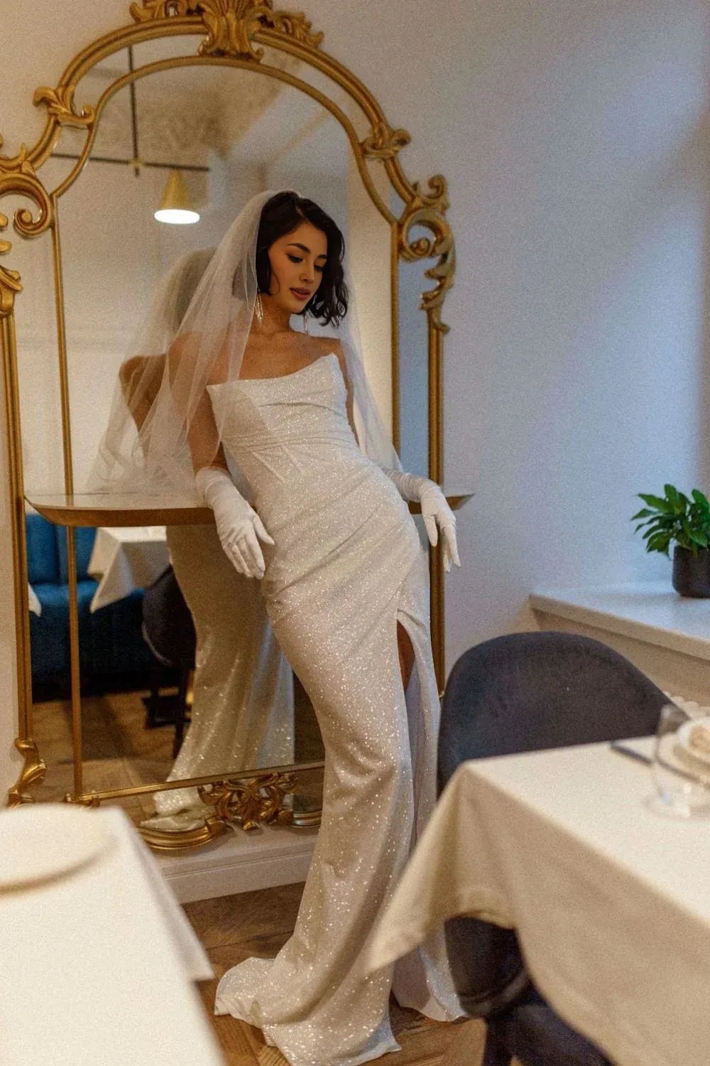 Vestido Weitese clásico encantador con escote en forma de corazón y lentejuelas plateadas, vestido de fiesta largo con abertura